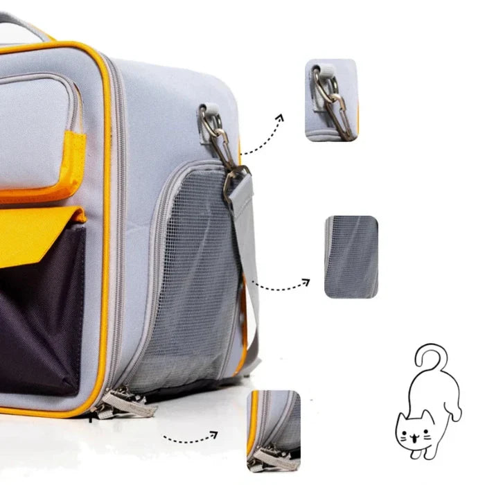 Breathable Clear Pet Travel Backpack: light gray, orange cat, minimal style