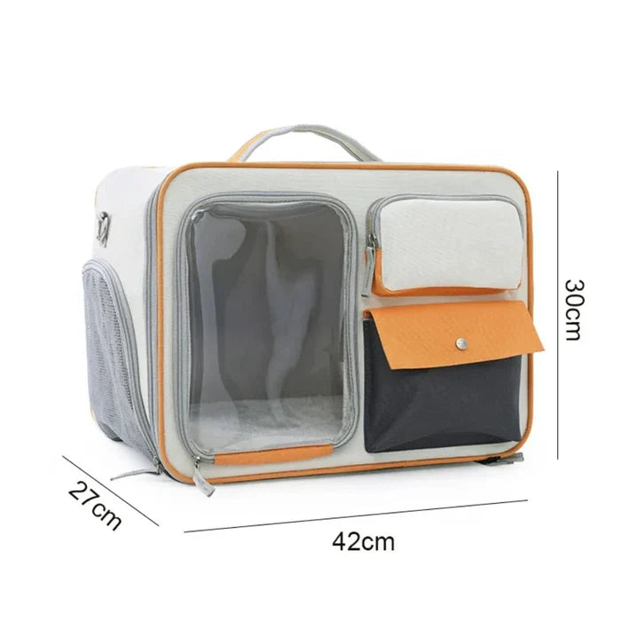 Breathable Clear Pet Travel Backpack: light gray, orange cat, minimal style
