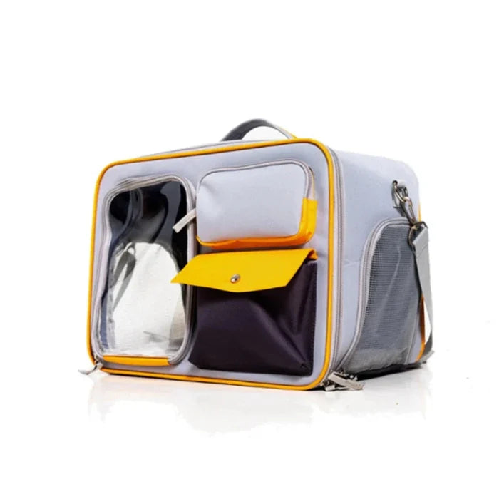 Breathable Clear Pet Travel Backpack: light gray, orange cat, minimal style