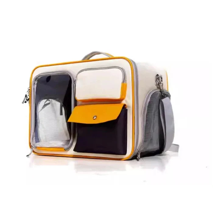 Breathable Clear Pet Travel Backpack: light gray, orange cat, minimal style