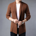 Brown Mid Length Men's Open Cardigan: brown, white open-front cardigan, minimal style