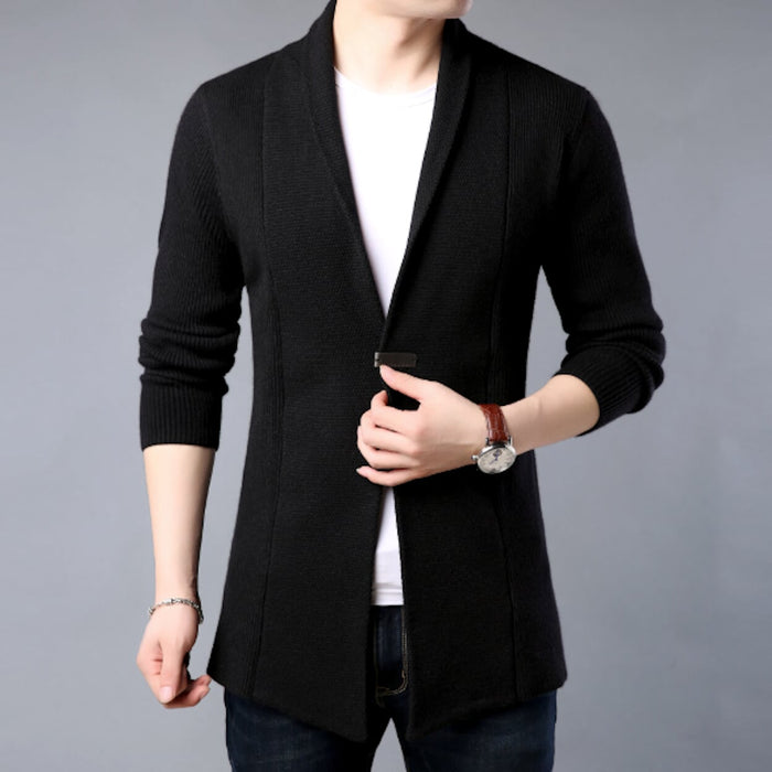 Brown Mid Length Men's Open Cardigan: brown, white open-front cardigan, minimal style