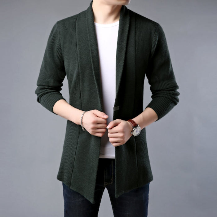 Brown Mid Length Men's Open Cardigan: brown, white open-front cardigan, minimal style