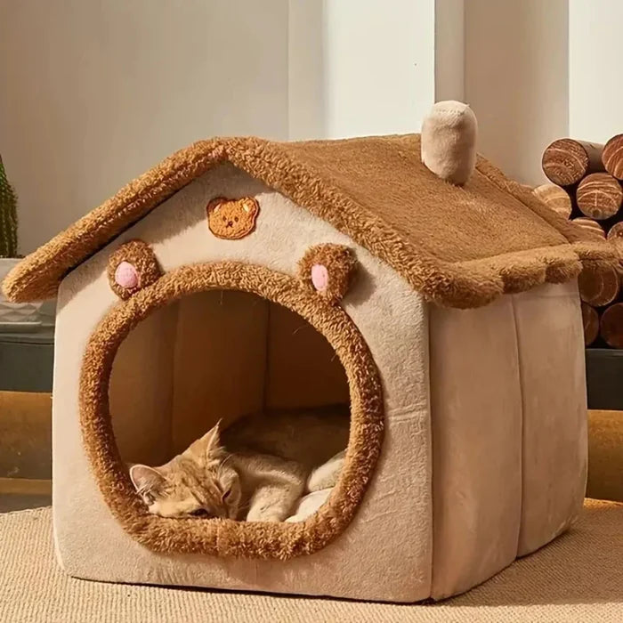 Brown Pet House with Removable Roof: beige, brown bear-themed, cute cartoon/kawaii style