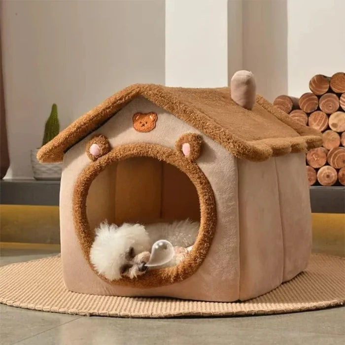 Brown Pet House with Removable Roof: beige, brown bear-themed, cute cartoon/kawaii style