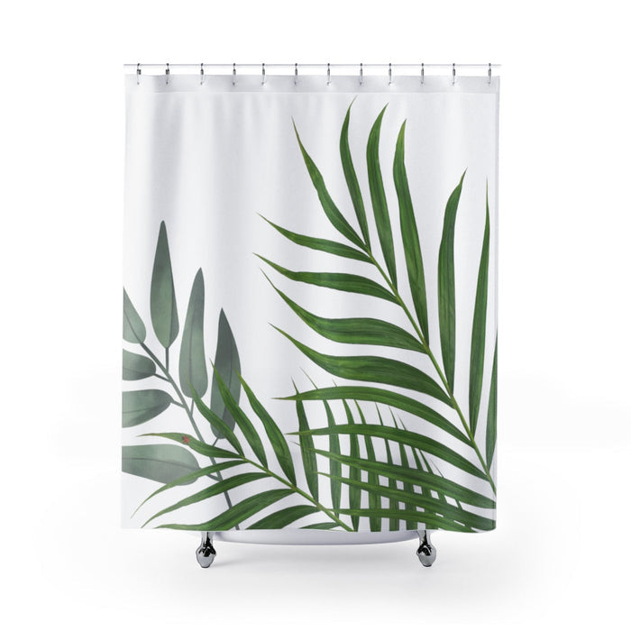 Bug-Loving Botanical Shower Curtains: white, green tropical green leaves, minimal botanical style