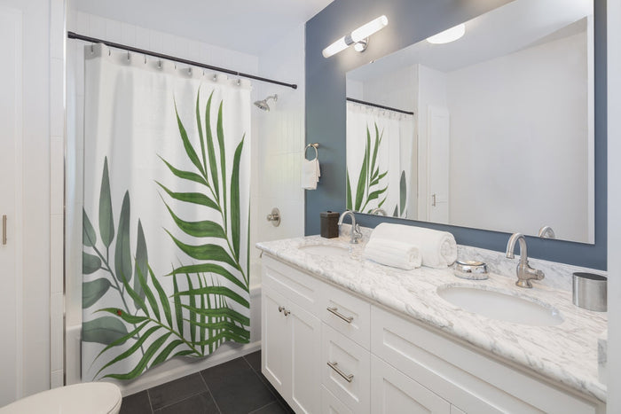 Bug-Loving Botanical Shower Curtains: white, green tropical green leaves, minimal botanical style