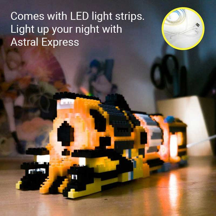 Build Your Own Astral Express Set: orange, black train locomotive, block-built toy model style