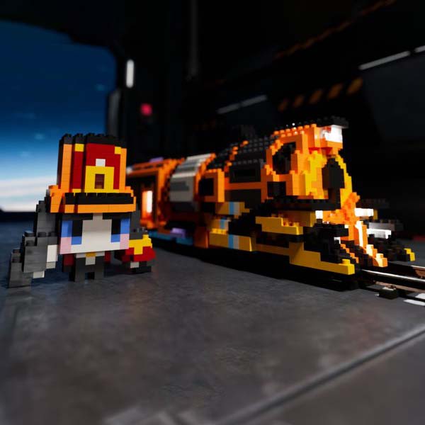 Build Your Own Astral Express Set: orange, black train locomotive, block-built toy model style