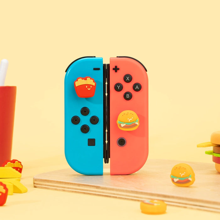 Burger and Fries Switch Thumb Grips: yellow, red hamburger and french fries characters, kawaii cartoon style