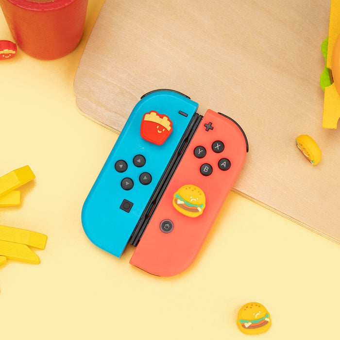 Burger and Fries Switch Thumb Grips: yellow, red hamburger and french fries characters, kawaii cartoon style