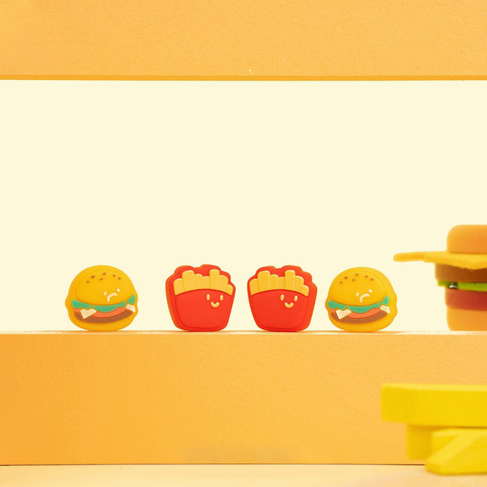 Burger and Fries Switch Thumb Grips: yellow, red hamburger and french fries characters, kawaii cartoon style