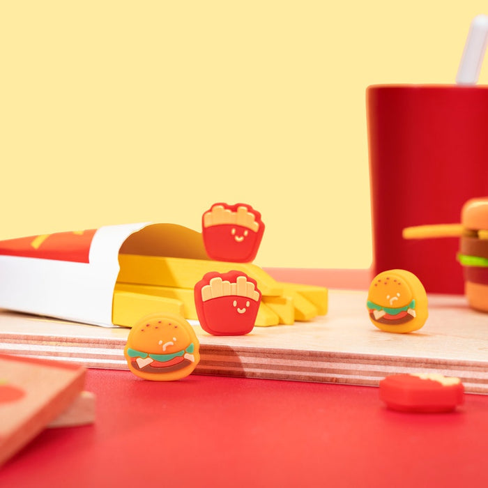 Burger and Fries Switch Thumb Grips: yellow, red hamburger and french fries characters, kawaii cartoon style