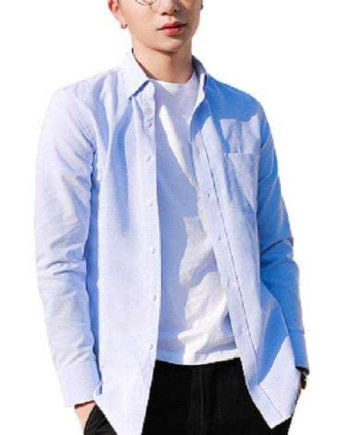 Button-Down Casual Shirt for Men with Long Sleeves, Designed to be Worn Untucked: light blue, white button-up shirt worn over
