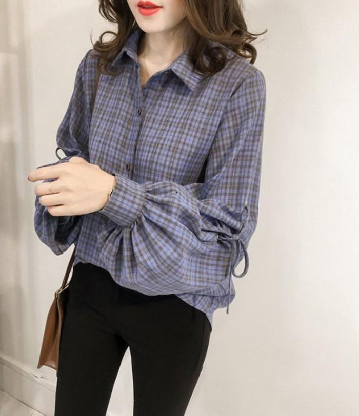 Button-Front Blouse with Bell Sleeves for Women: blue, purple long-sleeve button-up blouse, casual style