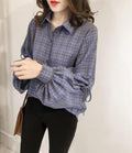 Button-Front Blouse with Bell Sleeves for Women: blue, purple long-sleeve button-up blouse, casual style