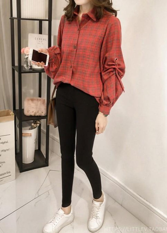 Button-Front Blouse with Bell Sleeves for Women: blue, purple long-sleeve button-up blouse, casual style