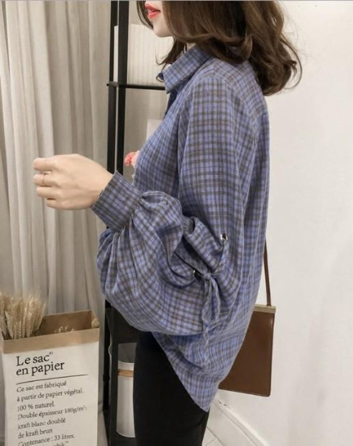Button-Front Blouse with Bell Sleeves for Women: blue, purple long-sleeve button-up blouse, casual style