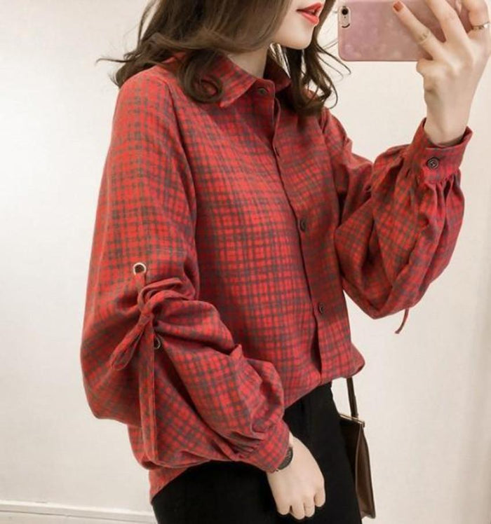 Button-Front Blouse with Bell Sleeves for Women: blue, purple long-sleeve button-up blouse, casual style