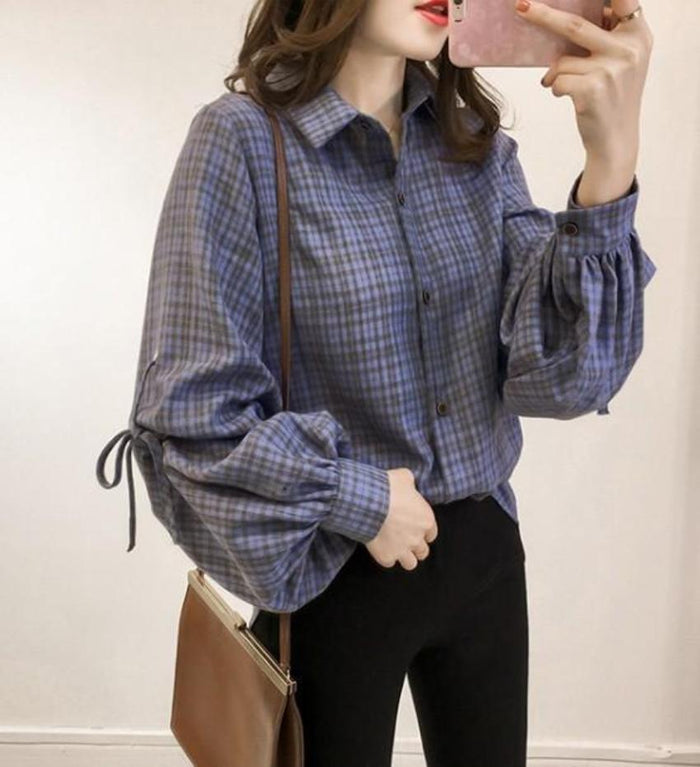 Button-Front Blouse with Bell Sleeves for Women: blue, purple long-sleeve button-up blouse, casual style