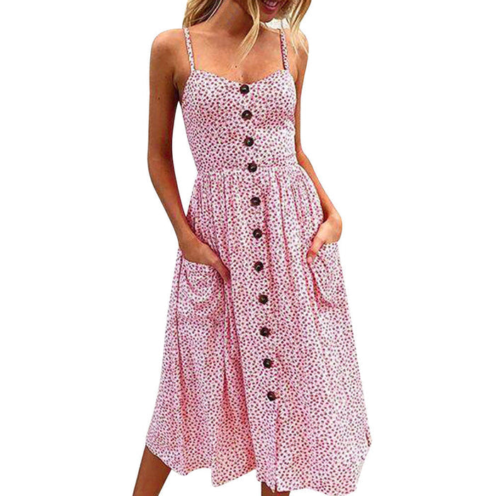 Button-Front Dress with Shoulder Straps: white, pink sleeveless midi dress, feminine casual summer style