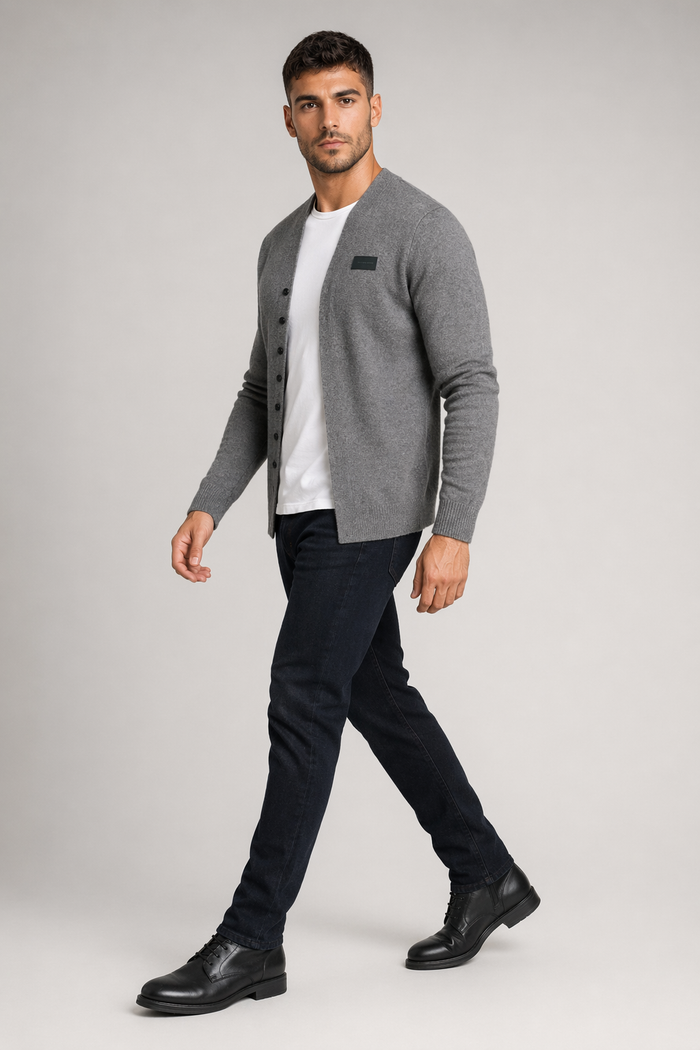 Button-Front Slim Fit Cardigan for Men Gray