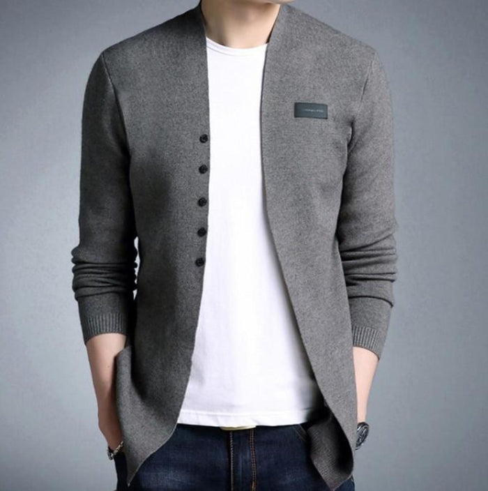 Button-Front Slim Fit Cardigan for Men: gray, white men's cardigan jacket, minimal style
