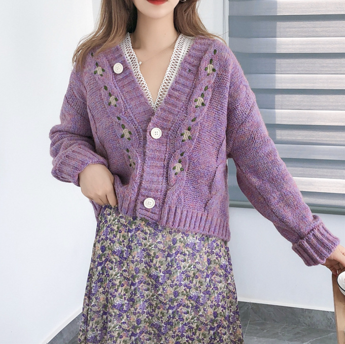 Button Front Sweater Cardigan for Women with a V-Neck: purple, lavender button-front cardigan, feminine vintage-inspired styl