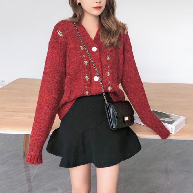 Button Front Sweater Cardigan for Women with a V-Neck: purple, lavender button-front cardigan, feminine vintage-inspired styl