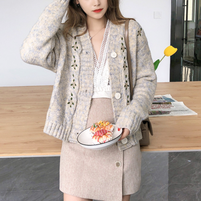 Button Front Sweater Cardigan for Women with a V-Neck: purple, lavender button-front cardigan, feminine vintage-inspired styl