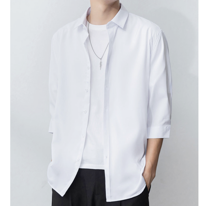 Button-Up Shirt for Men with Three-Quarter Sleeves: light gray, white button-up shirt worn over a T-shirt, minimal casual sty