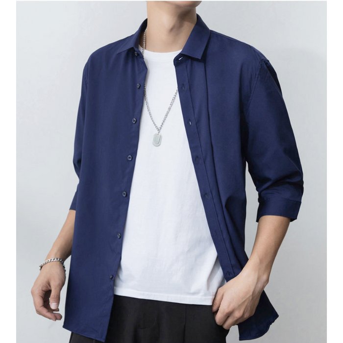 Button-Up Shirt for Men with Three-Quarter Sleeves: light gray, white button-up shirt worn over a T-shirt, minimal casual sty
