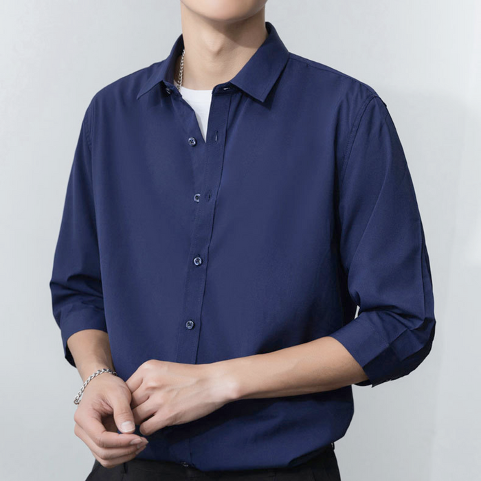 Button-Up Shirt for Men with Three-Quarter Sleeves: light gray, white button-up shirt worn over a T-shirt, minimal casual sty