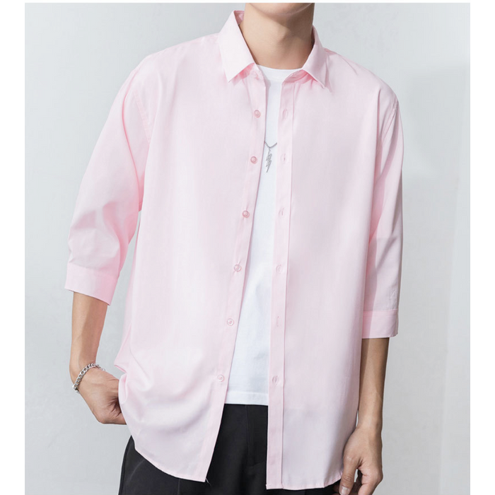 Button-Up Shirt for Men with Three-Quarter Sleeves: light gray, white button-up shirt worn over a T-shirt, minimal casual sty