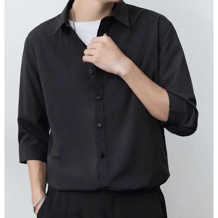 Button-Up Shirt for Men with Three-Quarter Sleeves: light gray, white button-up shirt worn over a T-shirt, minimal casual sty