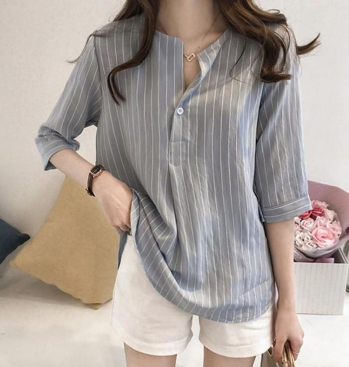 Button-Up Striped Shirt for Women: gray-blue, white button-front striped blouse/shirt, minimal casual style