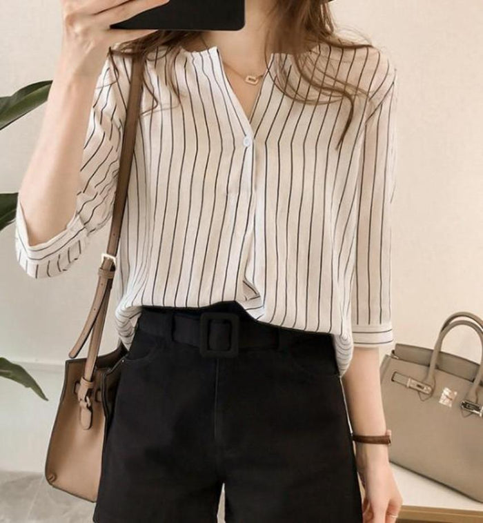 Button-Up Striped Shirt for Women: gray-blue, white button-front striped blouse/shirt, minimal casual style