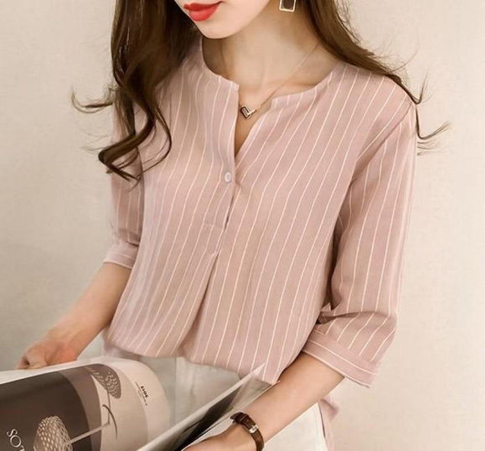Button-Up Striped Shirt for Women: gray-blue, white button-front striped blouse/shirt, minimal casual style