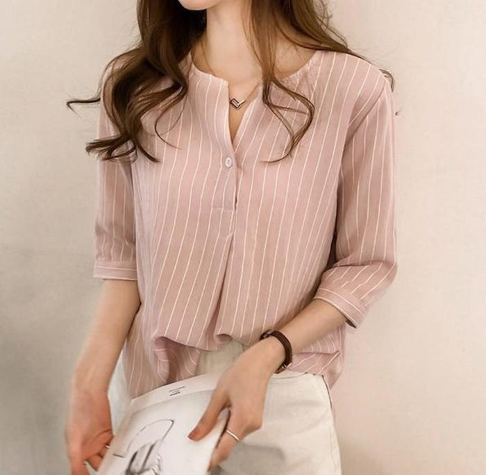 Button-Up Striped Shirt for Women: gray-blue, white button-front striped blouse/shirt, minimal casual style