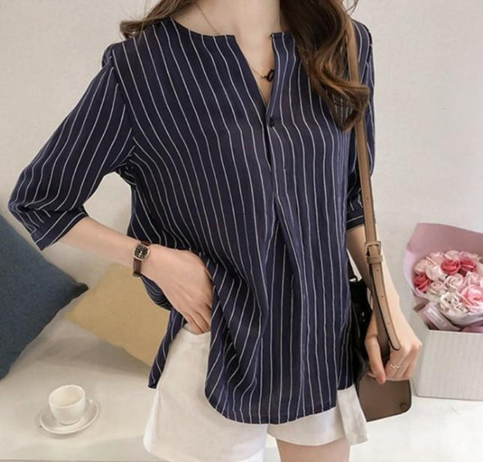 Button-Up Striped Shirt for Women: gray-blue, white button-front striped blouse/shirt, minimal casual style