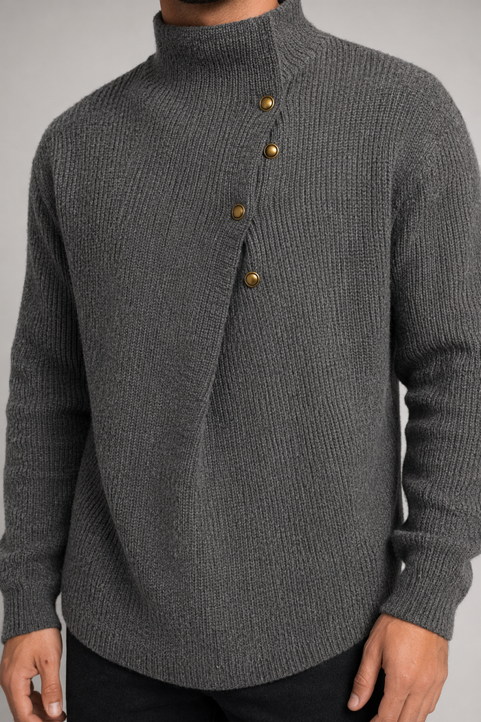 Buttoned Wrap Collar Sweater for Men with Stylish Details Gray