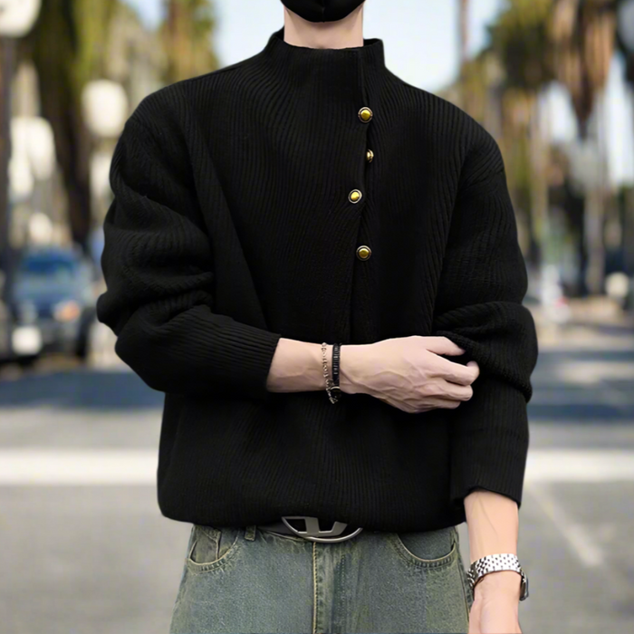 Buttoned Wrap Collar Sweater for Men with Stylish Details: black, gold button-front knit sweater, minimal style