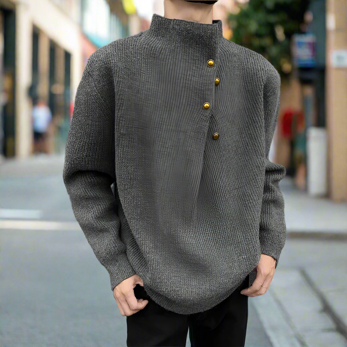 Buttoned Wrap Collar Sweater for Men with Stylish Details: black, gold button-front knit sweater, minimal style