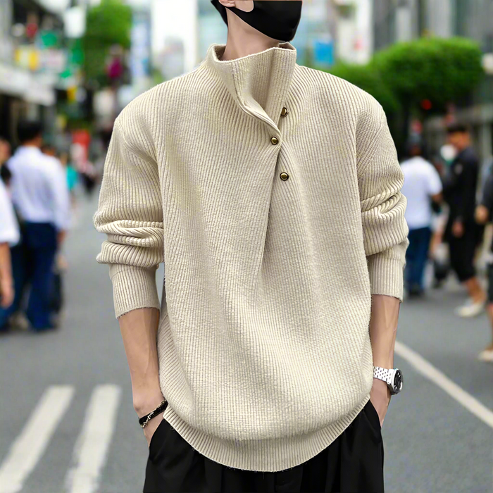 Buttoned Wrap Collar Sweater for Men with Stylish Details: black, gold button-front knit sweater, minimal style