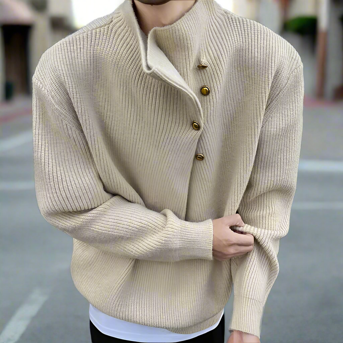Buttoned Wrap Collar Sweater for Men with Stylish Details: black, gold button-front knit sweater, minimal style