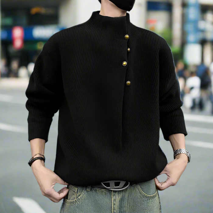 Buttoned Wrap Collar Sweater for Men with Stylish Details: black, gold button-front knit sweater, minimal style