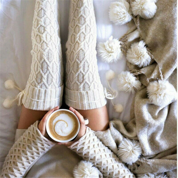 Cable-Knit Cotton Thigh Highs with Pom Poms: cream, white knit sweater and pom-pom throw blanket, cozy, rustic, winter style