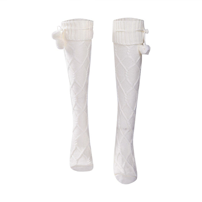 Cable-Knit Cotton Thigh Highs with Pom Poms: cream, white knit sweater and pom-pom throw blanket, cozy, rustic, winter style