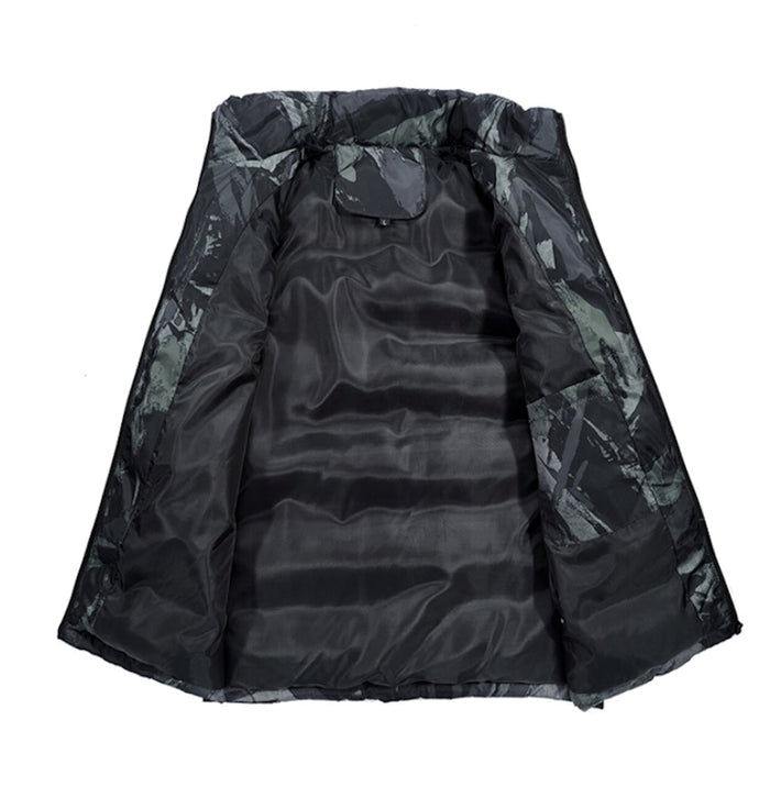 Camo Army Green Men's Puffer Vest: dark gray, black sleeveless puffer vest, casual sporty style
