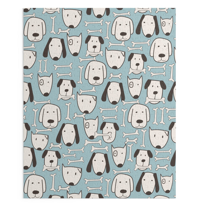 Canine Design Puzzle with 500 Pieces for Assembly: light blue, white dogs and dog faces, cartoon, playful, minimal style